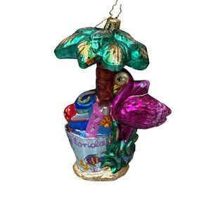 Radko Flamingo Under Palm Tree Florida Christmas Nautical Ornament Sea Sun Surf